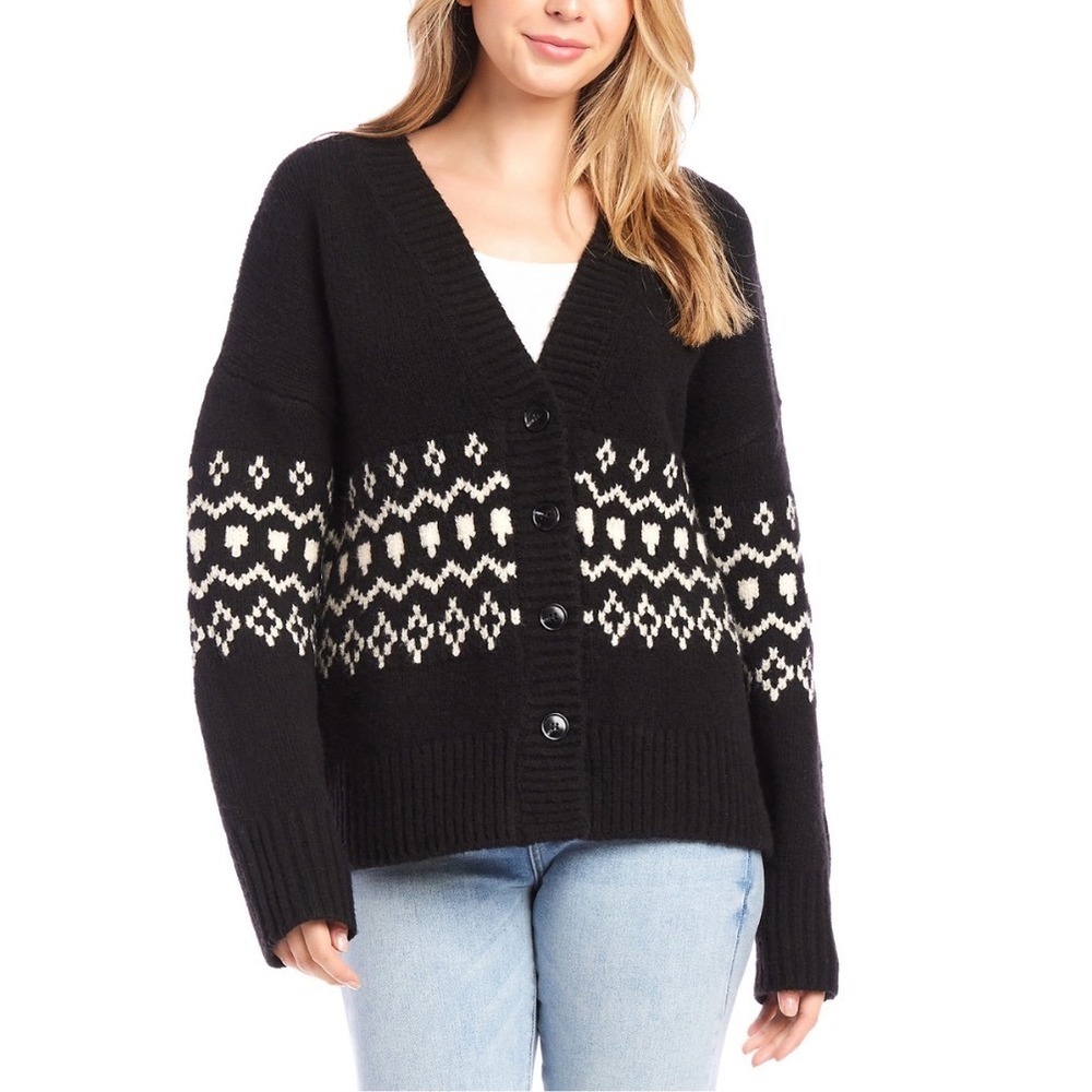 Karen Kane Royal Chill Jacquard Sweater Cardigan Black White Wool Blend MEDIUM